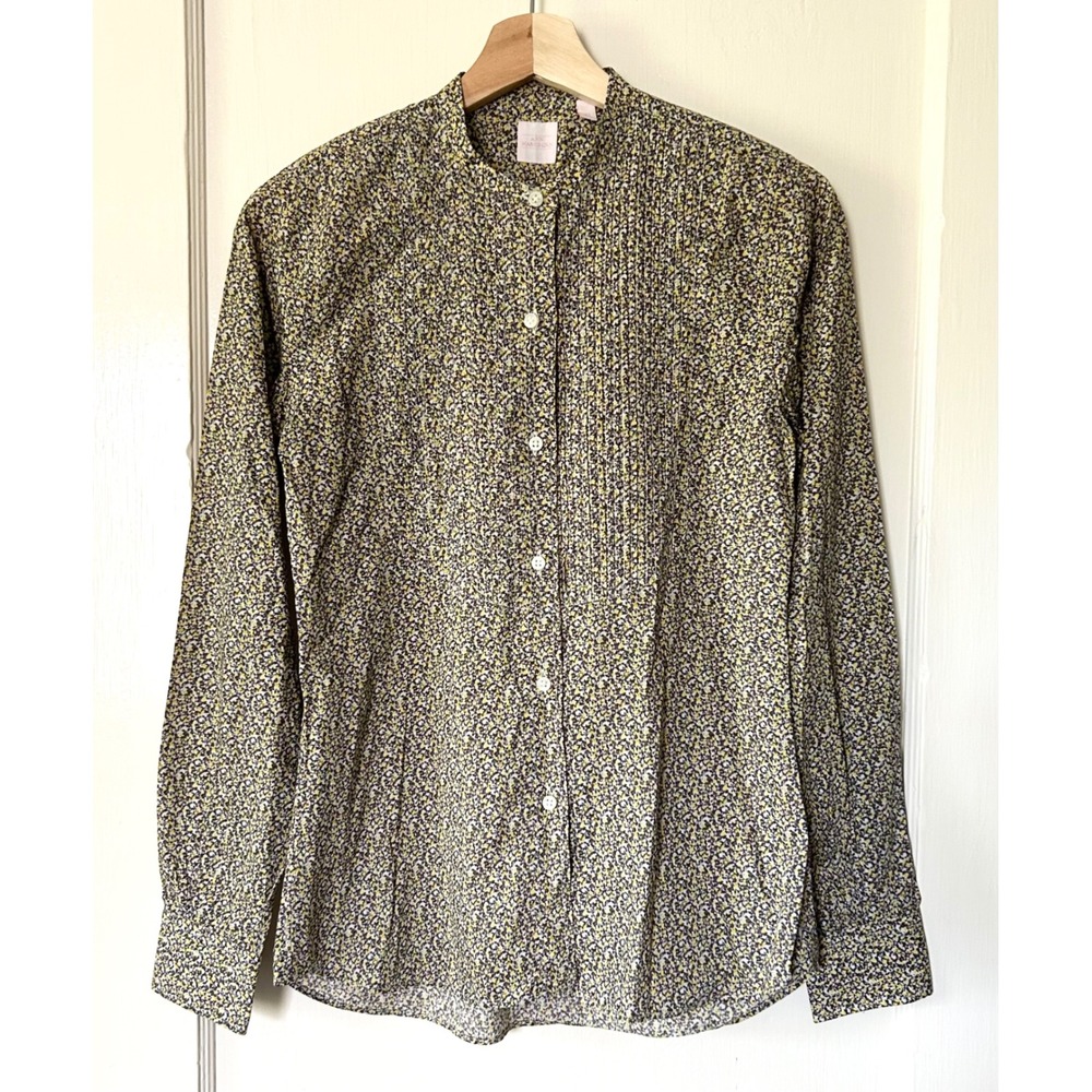 Ann Mashburn‎ Cotton Floral Button Down Blouse Pleated Front Yellow Blue XS
